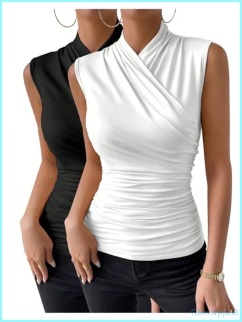 Women's 2 Piece Ruched Wrap Mock Neck Slim Fit Sleeveless Tank Top Set